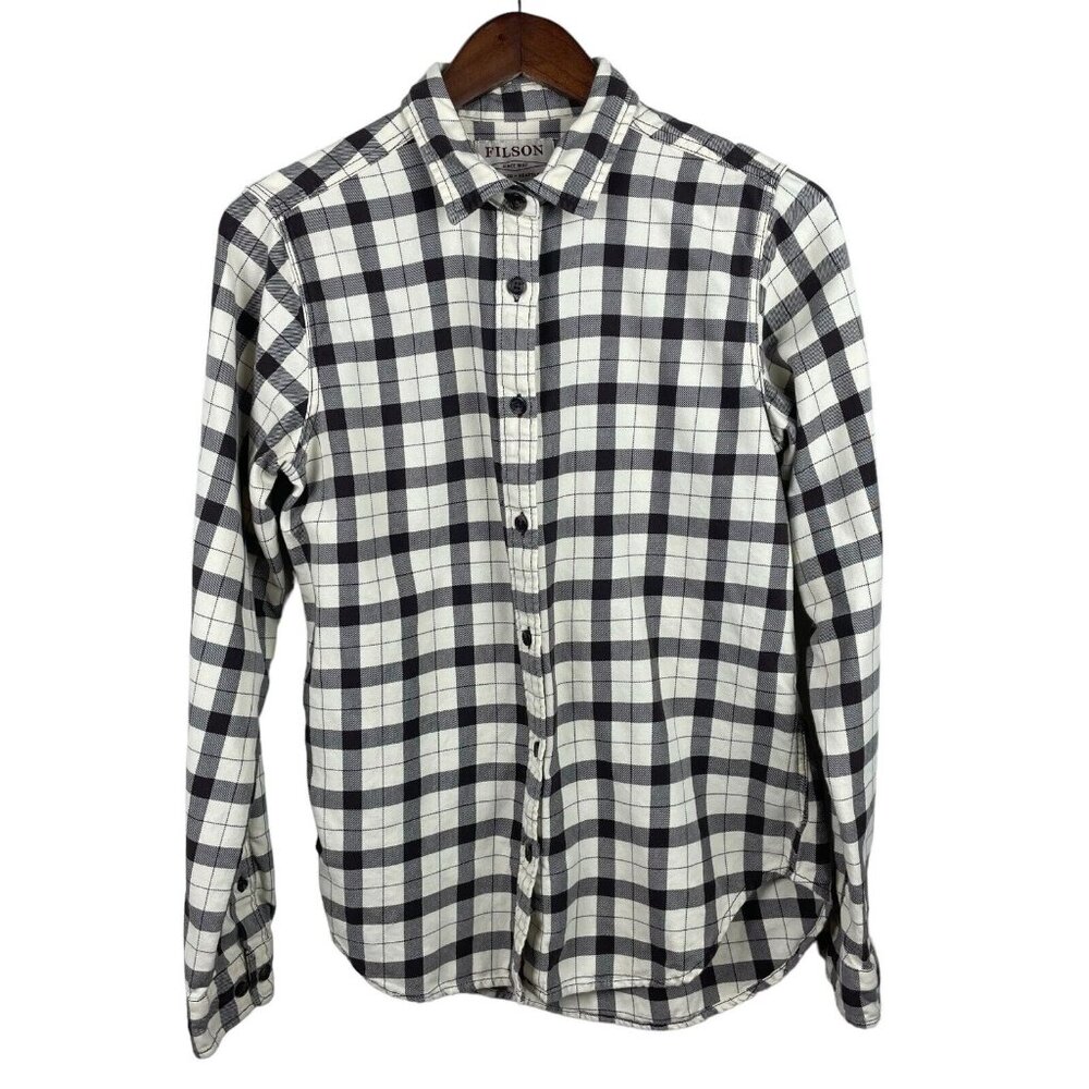 Filson Shirt Womens Medium Brown Cream Plaid Check Long Sleeve Button Up Casual‎